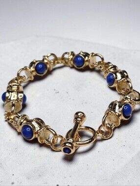 18k Matte Gold Plated Byzantine Revival Lapis Lazuli Cabochon Toggle Bracelet